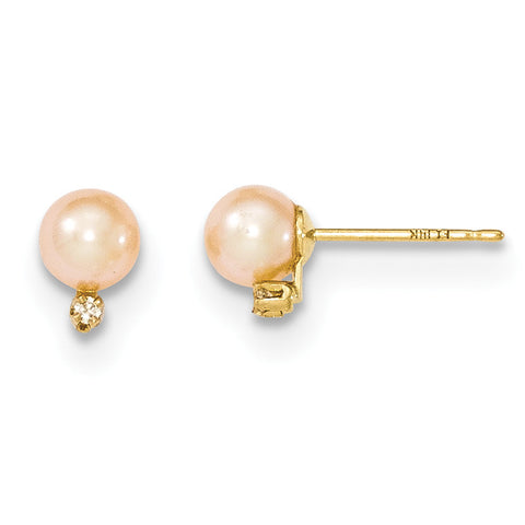 14k Gold 5-6mm Round Pink FW Cultured Pearl Diamond Post Earrings XF511E - shirin-diamonds