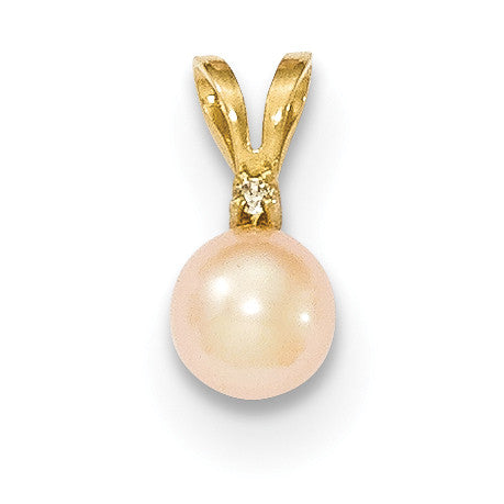 14k Gold 5-6mm Round Pink FW Cultured Pearl Diamond Pendant - shirin-diamonds