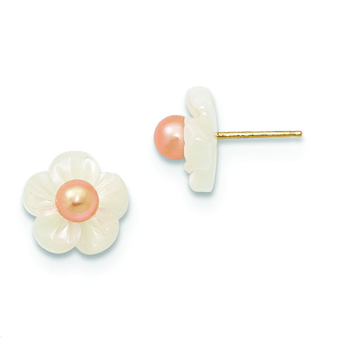 14k 3-4mm Pink FW Cultured Pearl w/10mm MOP Flower Post Stud Earrings XF592EP - shirin-diamonds
