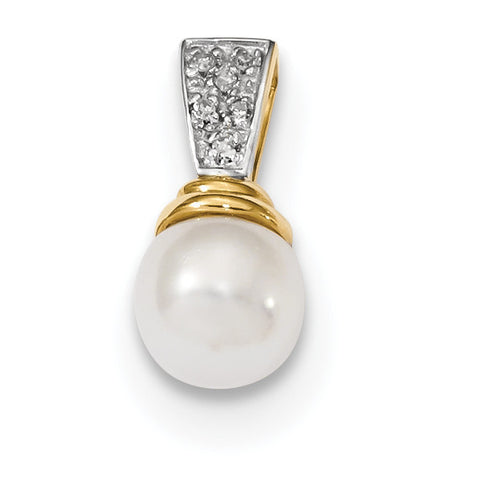 14K Gold w/ Diamond & Freshwater Cultured Pearl Polished Pendant XF638 - shirin-diamonds