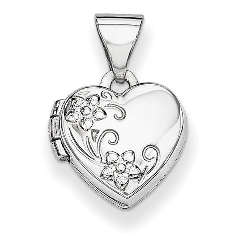 14k White Gold Polished Heart-Shaped Floral Locket XL303 - shirin-diamonds