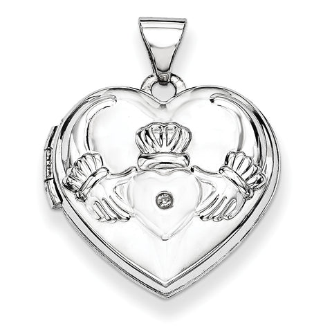 14k White Gold Polished Diamond Heart-Shaped Claddagh Locket XL307 - shirin-diamonds