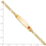 14K Yellow Gold Medical Soft Diamond Shape Red Enamel Flat Figaro Link ID Bracelet