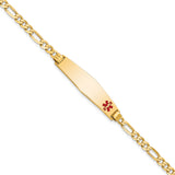 14K Yellow Gold Medical Soft Diamond Shape Red Enamel Flat Figaro Link ID Bracelet
