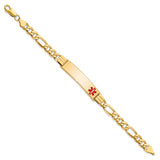 14K Yellow Gold Medical Red Enamel Flat Figaro Link ID Bracelet