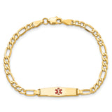 14K Yellow Gold Medical Soft Diamond Shape RedEnamel Semi-Solid Figaro Link ID Bracelet