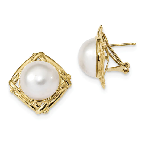 14k 13-14mm White Mabe Freshwater Cultured Pearl Omega Back Earrings XMP100 - shirin-diamonds