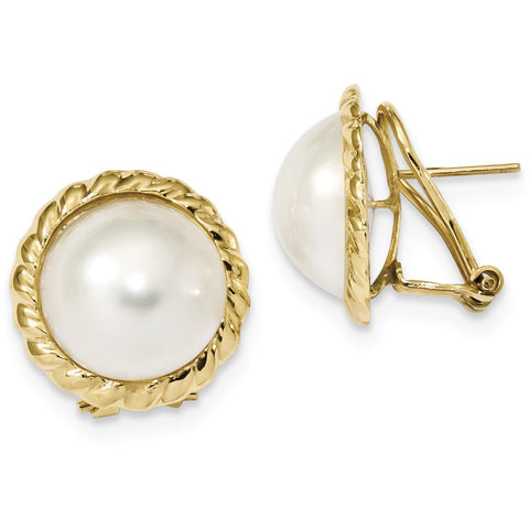 14k 13-14mm White Mabe Freshwater Cultured Pearl Omega Back Earrings XMP97 - shirin-diamonds