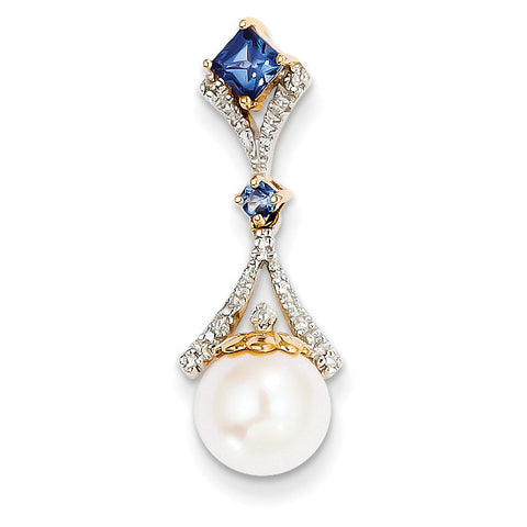 14k Diamond 8-9mm Round FW Cultured Pearl Created Sapphire Pendant XP4168 - shirin-diamonds