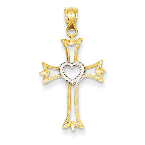 14k Yellow Gold Rhodium Plated Diamond Cut Cross with Heart Pendant XR1222 - shirin-diamonds