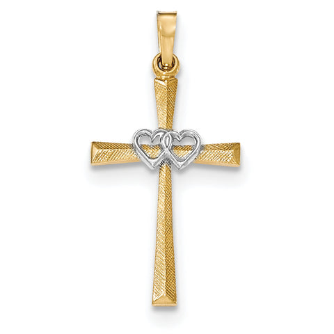 14K Two-tone Textured and Polished Latin Cross w/ Hearts Pendant XR1455 - shirin-diamonds