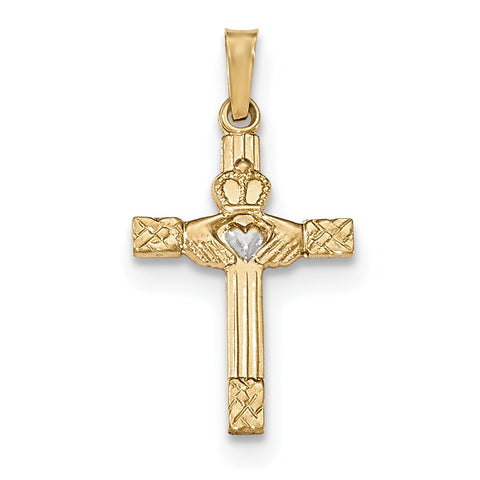 14k and Rhodium Polished Claddagh Cross Pendant XR1467 - shirin-diamonds