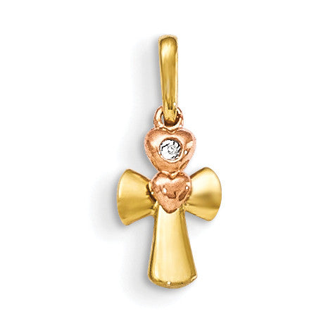 14k Yellow and Rose Gold CZ Children's Cross Heart Pendant - shirin-diamonds