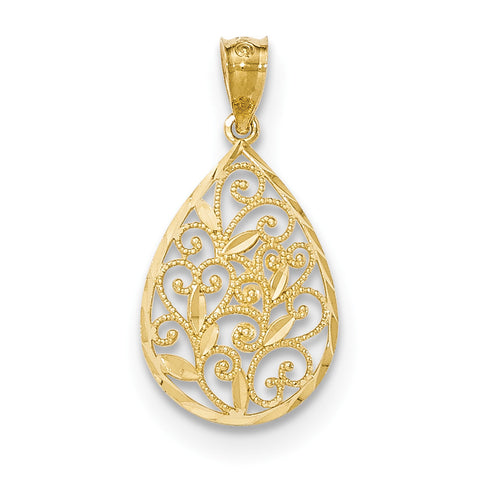 14k Gold Polished & Textured Small Filigree Teardrop Pendant - shirin-diamonds