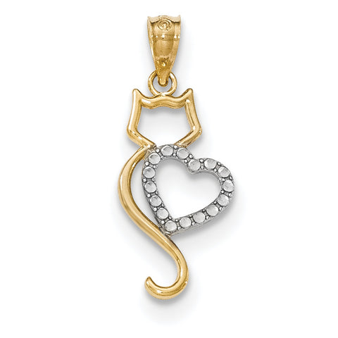 14k Two-tone Polished Cat w/heart Pendant - shirin-diamonds