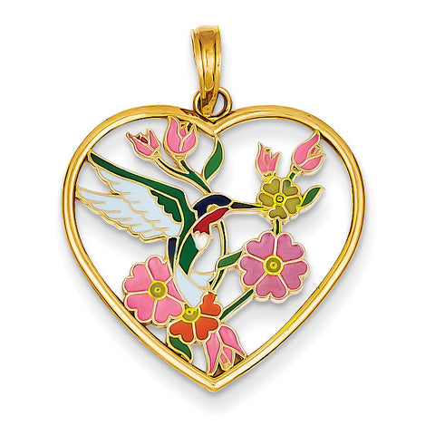 14k Enameled Hummingbird w/Flowers Heart Pendant YC957 - shirin-diamonds