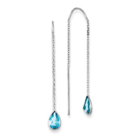 14k White Gold Blue Topaz Pear Bezel Threader Earrings YE682 - shirin-diamonds